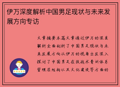 伊万深度解析中国男足现状与未来发展方向专访